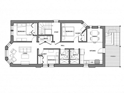 Floor plan for 3 beds, 2 baths, 1275 sqft